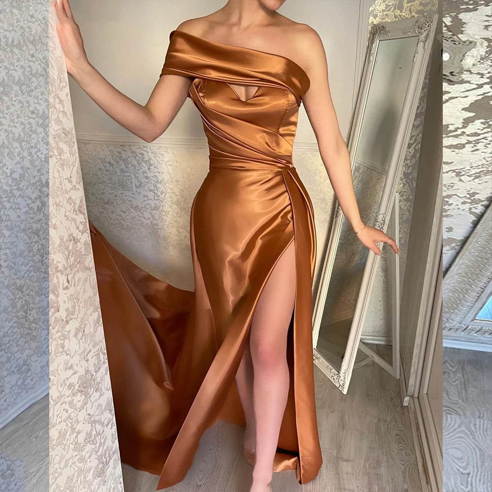 

Sexy Brown Evening Gown One Shoulder Mermaid Satin Evening Dresses High Slit Prom Gowns Party Women Sweep Train vestidos de noch