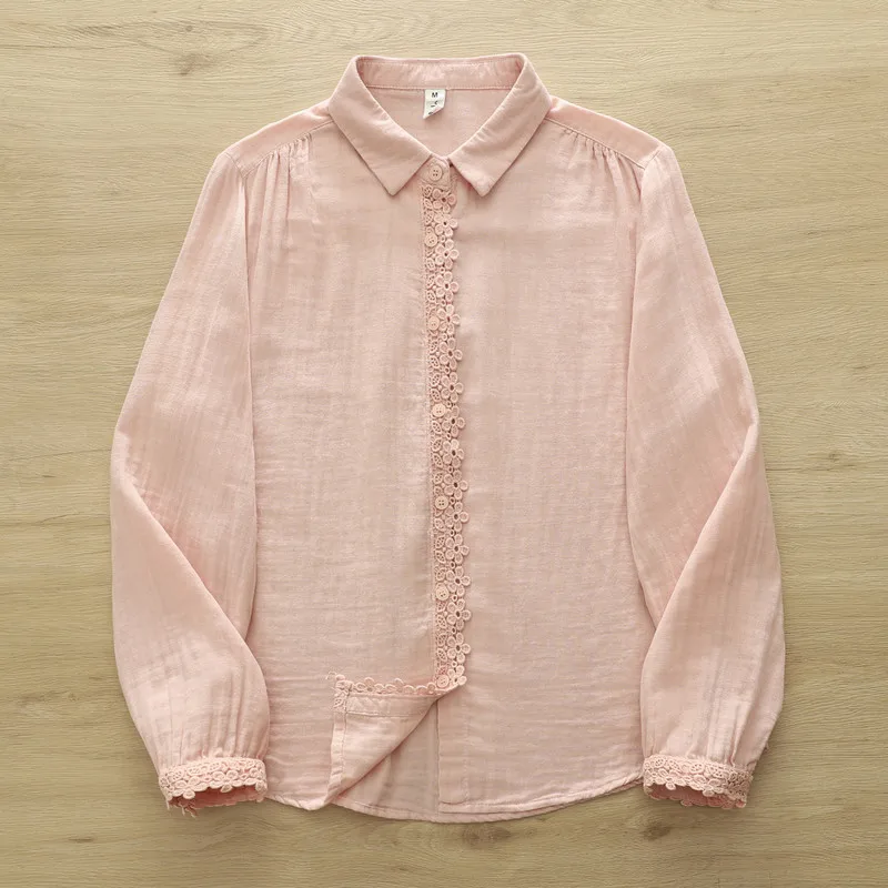 New 2026 Spring Women Cotton Yarn Long Sleeve Shirt, Turn-down Collar Lace, Mori Girl French Simplicity Loose Blouse T63126CC view 2