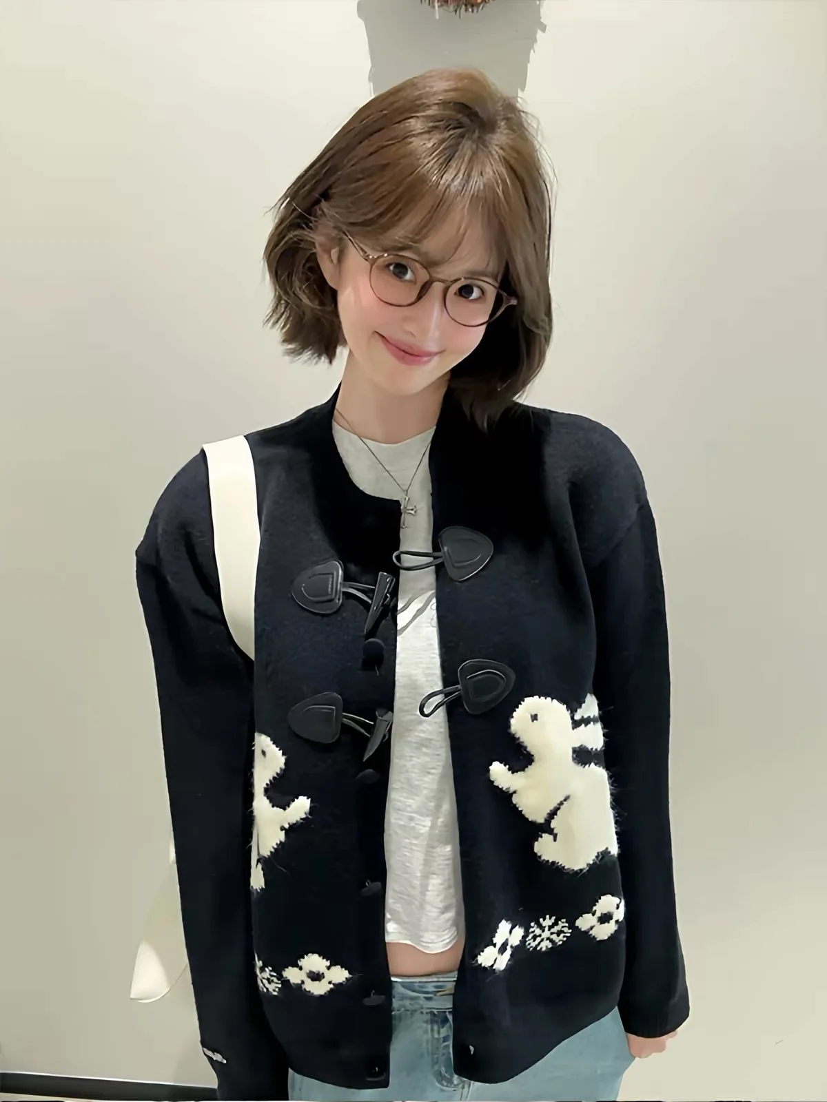 Autumn Winter Women's Knitted Long Sleeve Sweater Coat with Button Detail And Embroidered Rabbit Design Loose Fit Korean Style