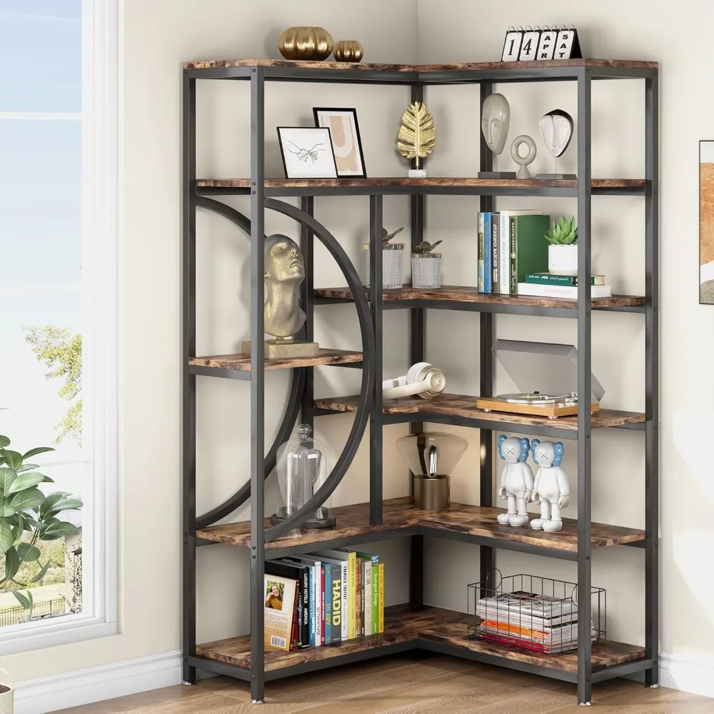 6-Shelf Corner Bookshelf Industrial 6-Tier Corner Etagere Bookcase, Large Corner Shelf L-Shaped Book Shelves