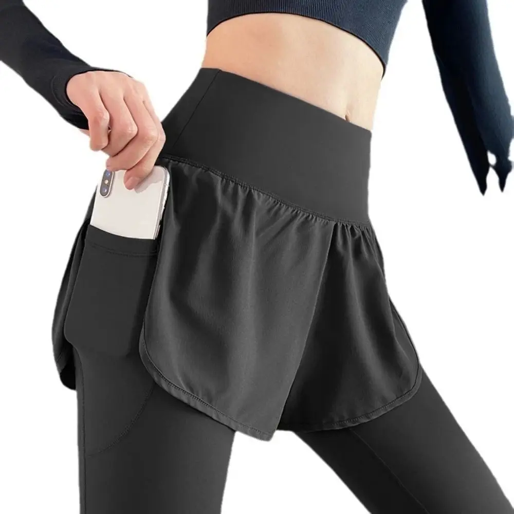 Faux Two Piece Women Yoga Pants Side Pocket Skirt Overlay Skirt Leggings Elastic Waist Slim Fit Sport Leggings Gym Workout