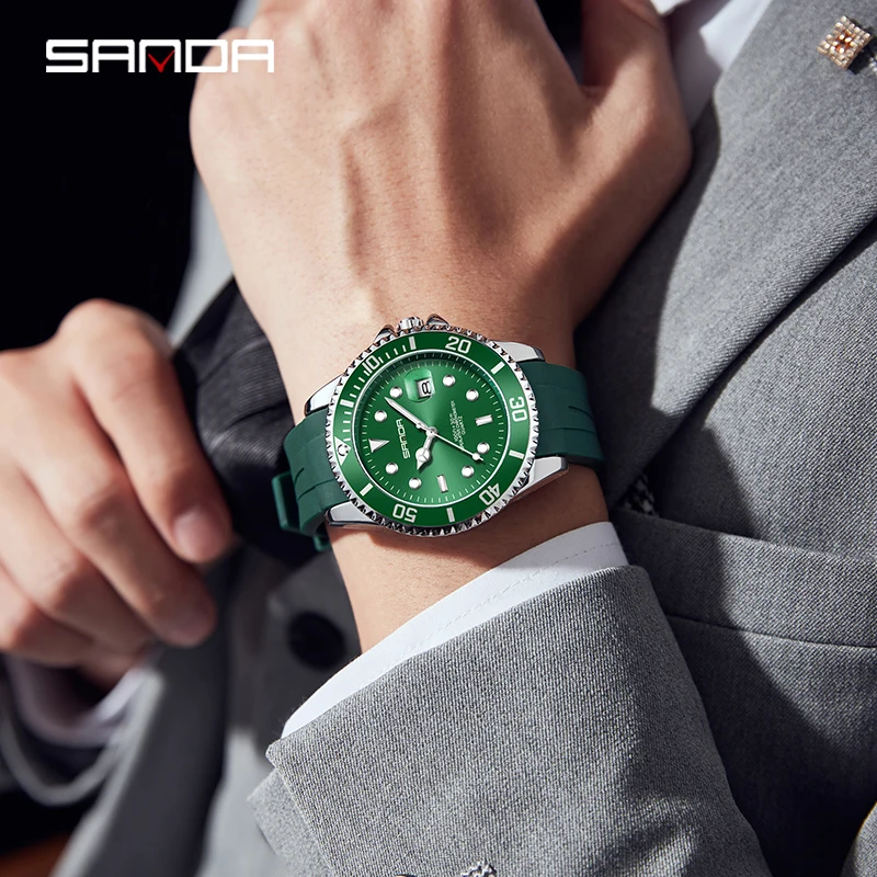 SANDA Mens Automatic Mechanical Watches Fashion Green Water Ghost Dial Simple Calendar Display Waterproof Silicone Strap Reloj