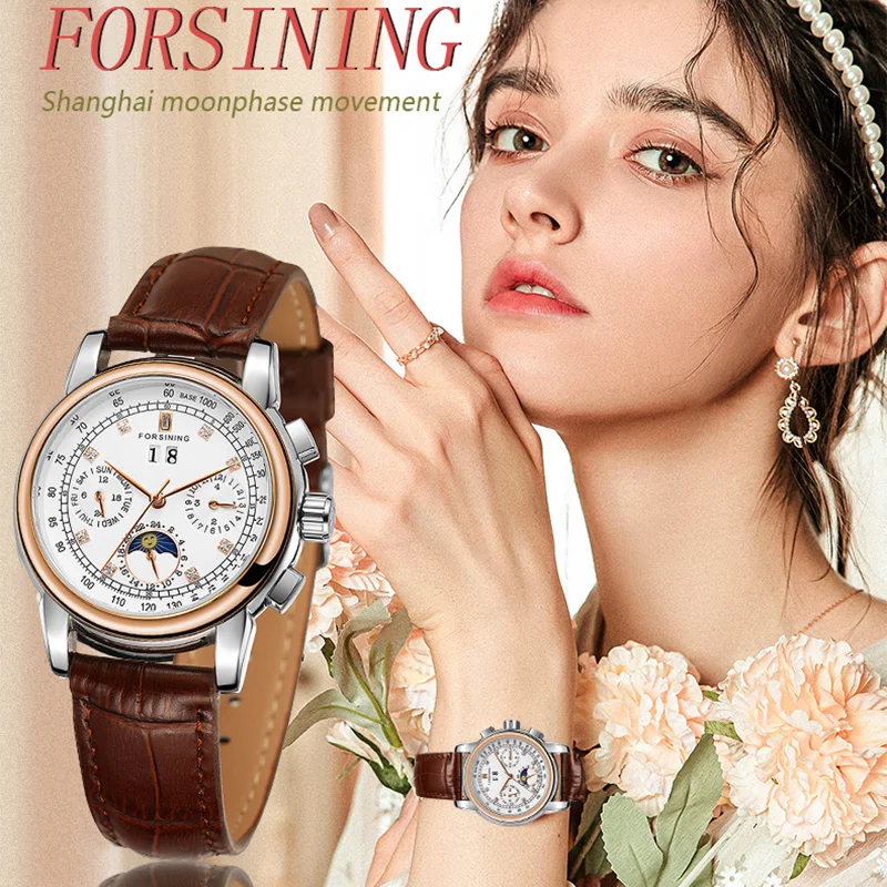 2024FORSINING Women Automatic Mechanical Fashion Luxury Wrist Watches Ladies Diamond Moon Phase Multifunctional Relogio Feminino