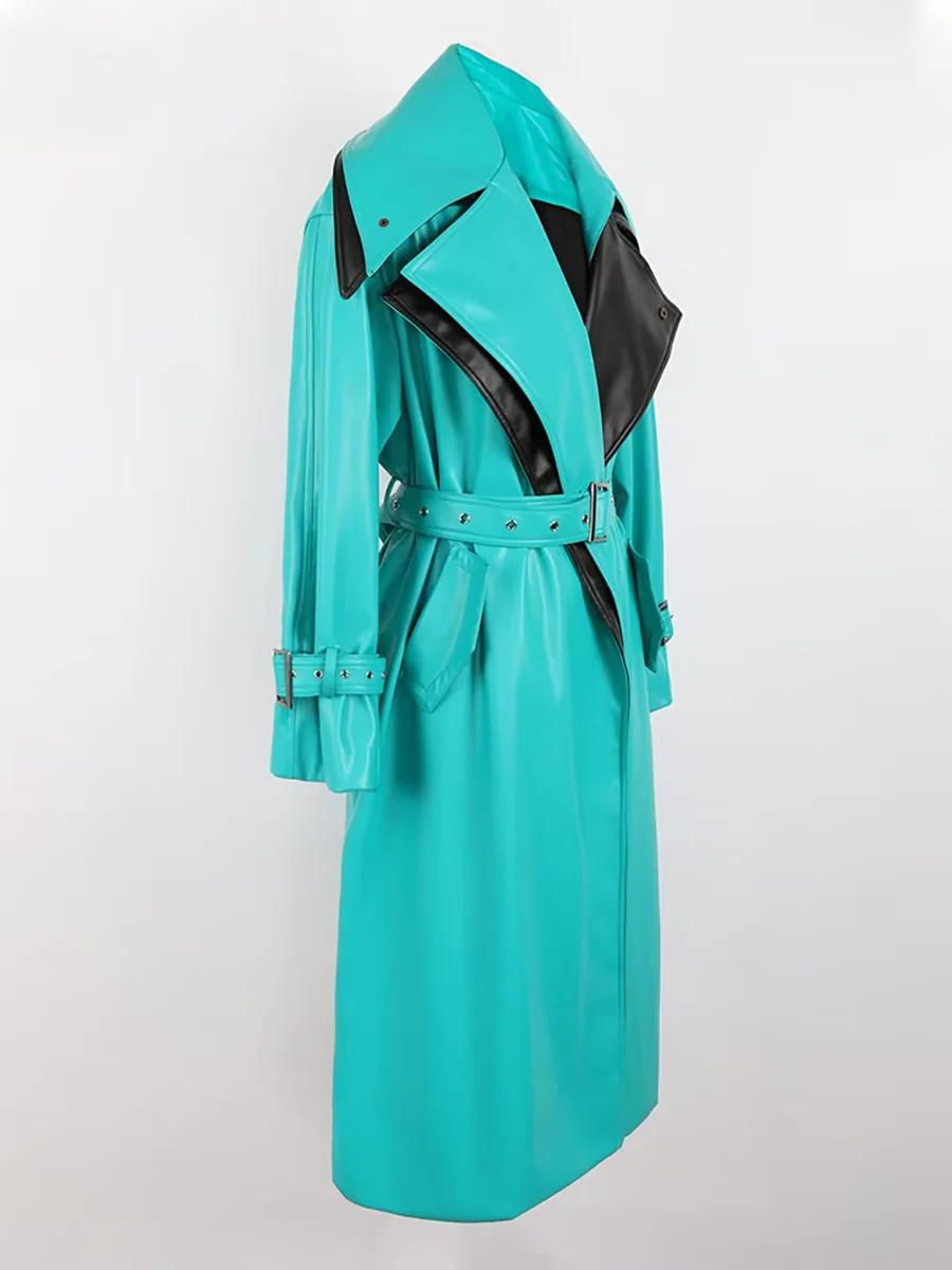 Mauroicardi Spring Autumn Long Waterproof Patchwork Pu Leather Trench Coat for Women Belt Luxury Designer Emo Clothes Overcoat