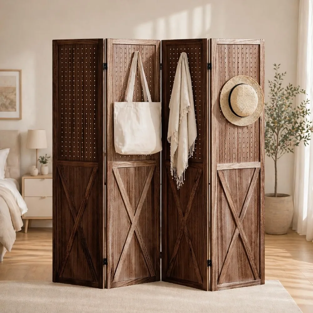 

4 Panel Pegboard Wood Room Divider, 5.6Ft Pegboard Display Folding Privacy Screens, Peg Board Display Freestanding, Customized