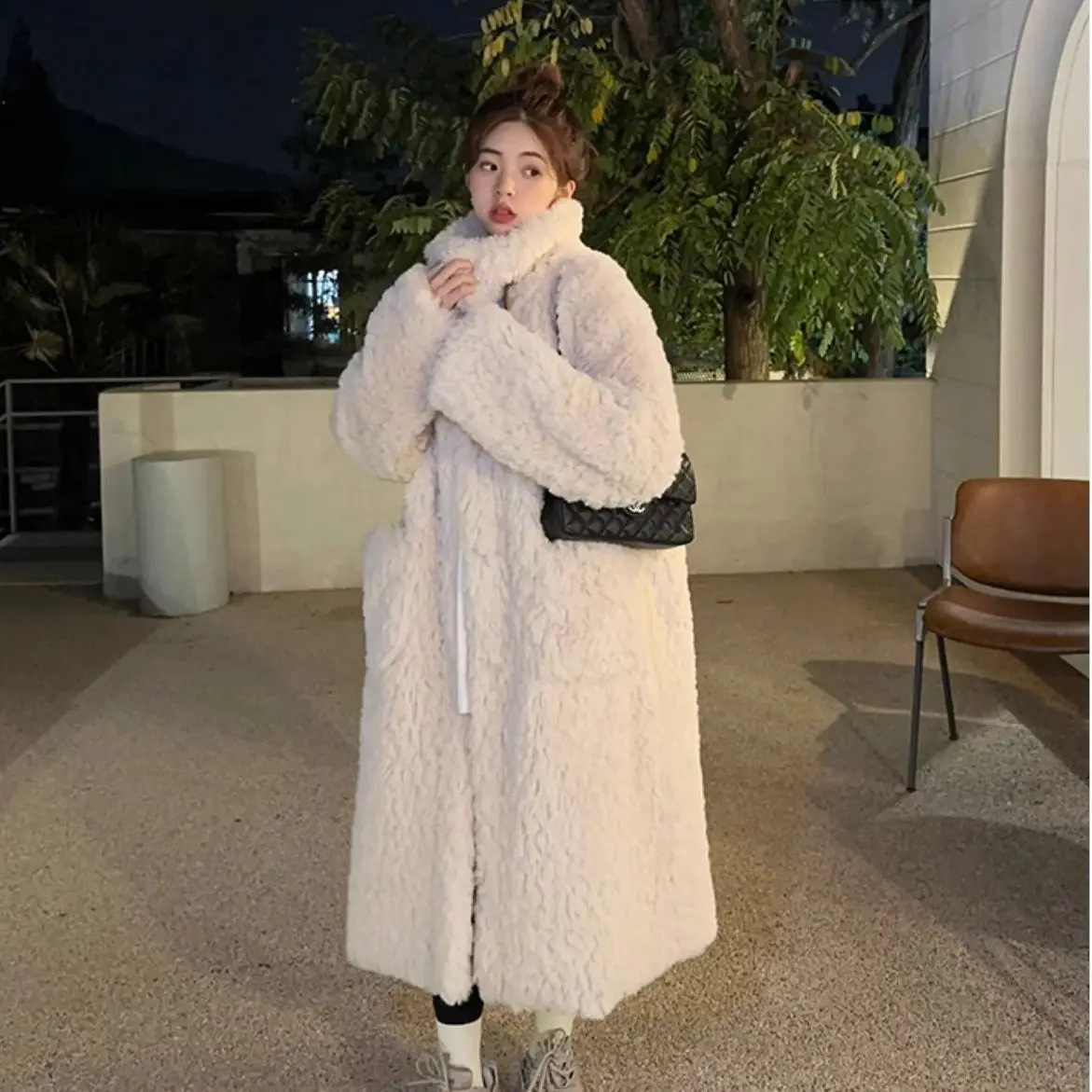 Lamb Wool Coat Women\'s Long Coat Knee High Design Wealthy Family Imitation Rabbit Fur Thick and Loose Stand Collar