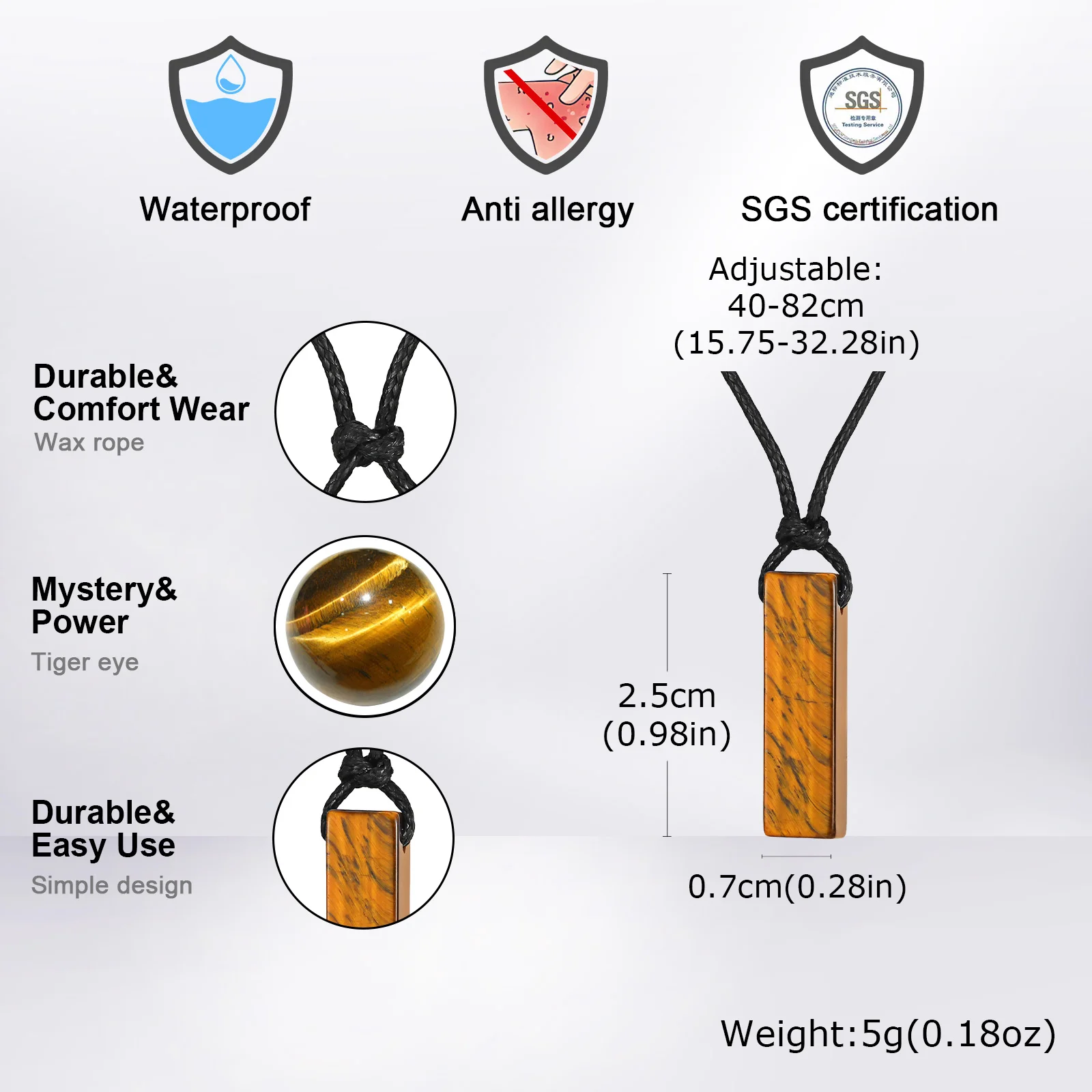 Retro Tigerauge Naturstein Anhänger Halskette für Männer, verstellbarer langer Wachsseil grüner Stein quadratischer Anhänger, Modeschmuck – Detail 12