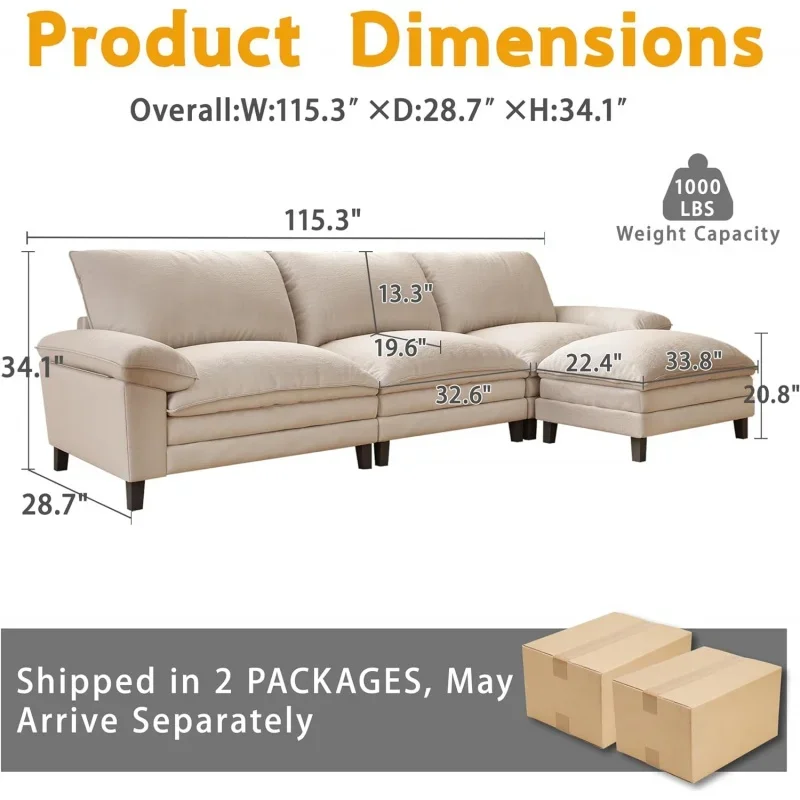 L Shape Sofa Couchs with Ottoman,Cloud Couch 3 Seater Couch Sectionals for Living Room,Deep Seat Sofa Furniture Modular Sofa,Bei