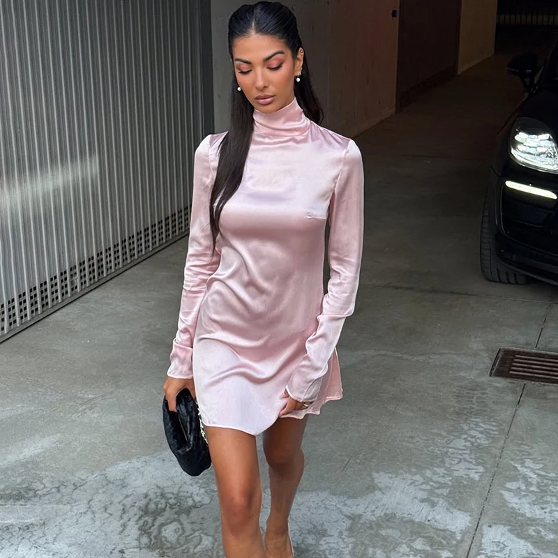 Tornova elegante gola alta vestido de cetim para mulheres manga longa oco mini vestido moda magro deslocamento festa roupas outono novo
