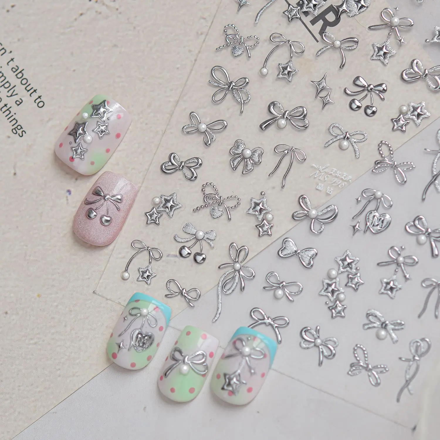 1Pcs Silver Bow Star Nail Stickers Cherry Bows Star Love Heart Pearl 5D Crystal Nail Decoration Self Adhesive Nail Stickers DIY view 2