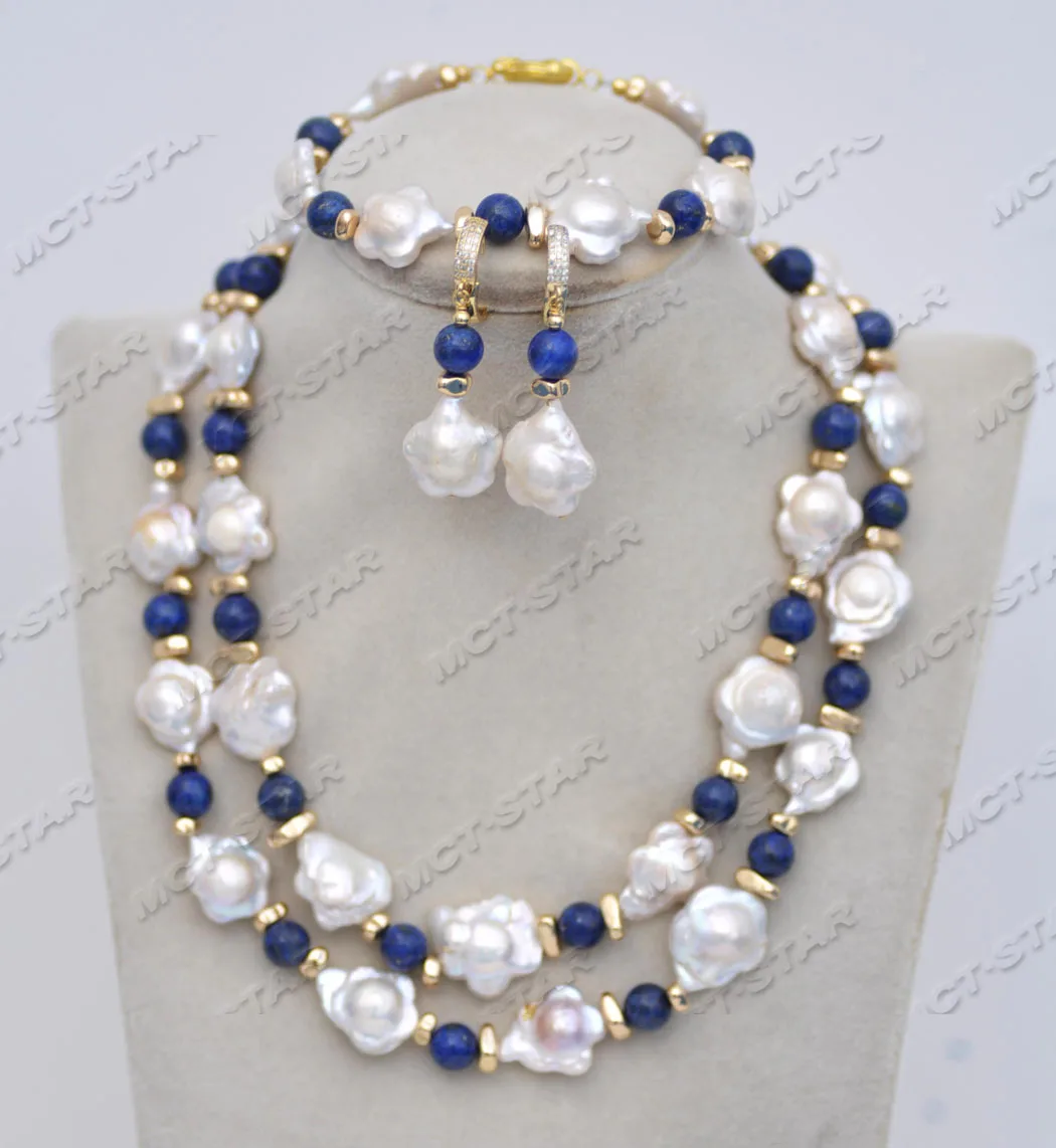 

MCT·STAR Z11768 SET 17mm White Plum Blossom Pearl Lapis Lazuli Hematite Necklace Bracelet Earring