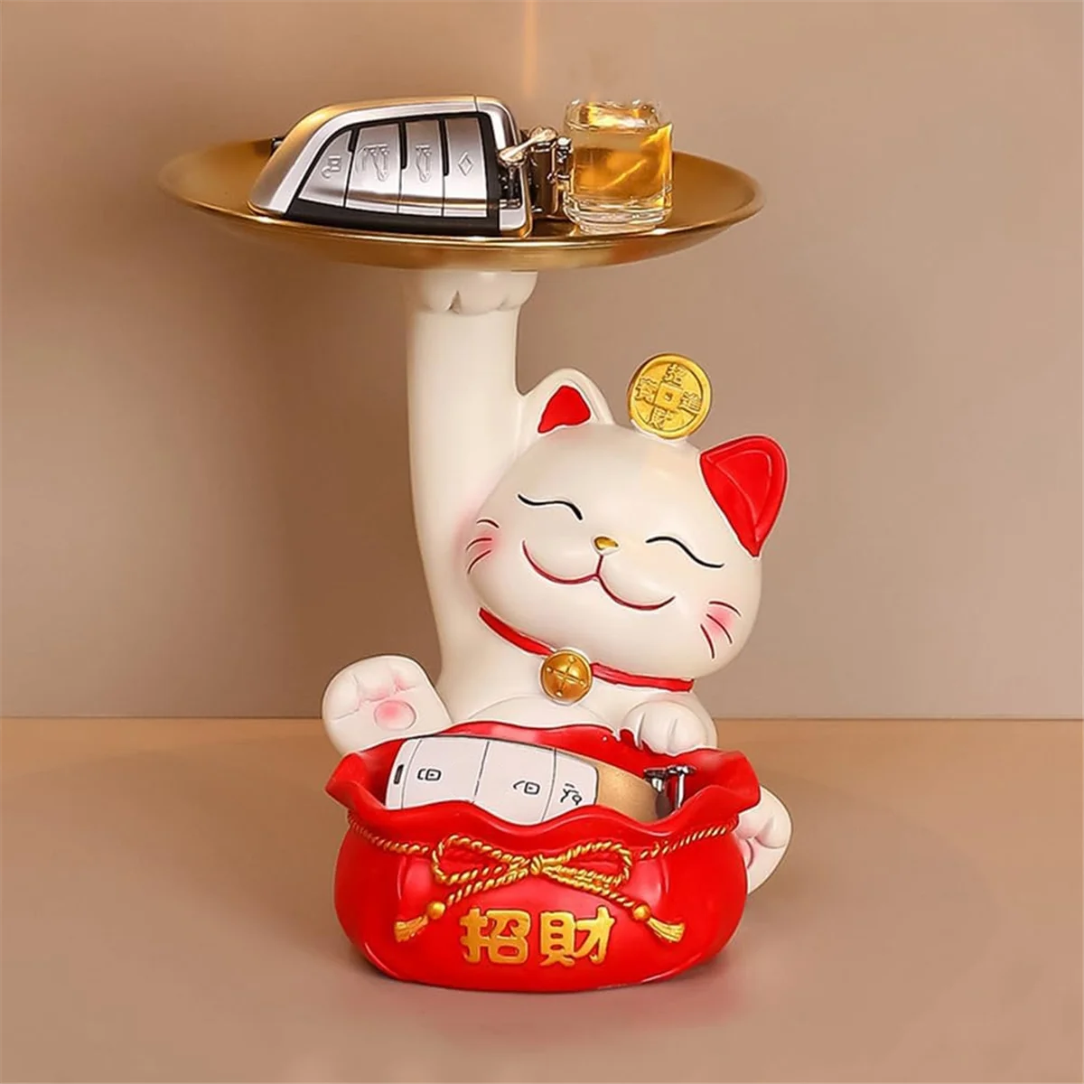 Fortune Cat Statue, Creatives Cute Fortune Cat Tray, Resin Fortune Cat Statue with Dish, Fortune Cat Key Storage Tray B