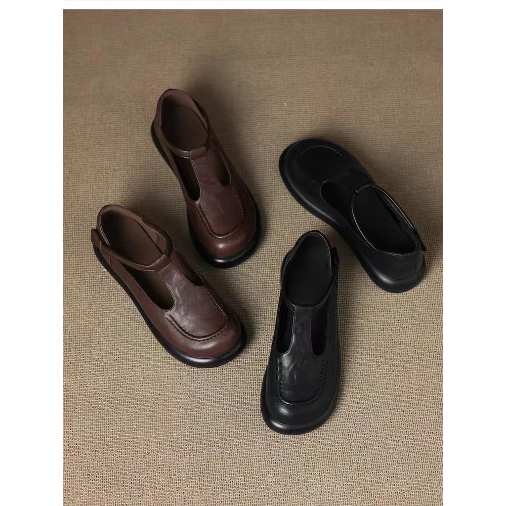 Vintage schokoladenbraune Mary-Jane-Slipper mit runder Zehenpartie, Slip-On-Loafer aus weichem Leder, bequeme Freizeitschuhe, rückenfreie Pantoletten, Streetwear – Detail 8