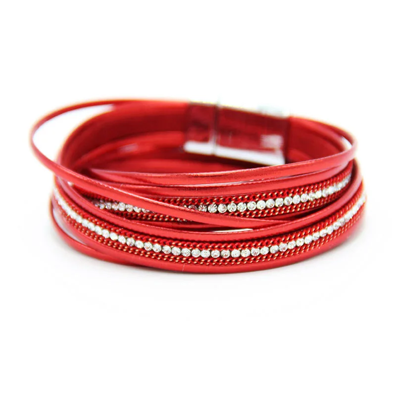 Rhinestone Chain Accessories Leather Women's Long Bracelet Multilayer Leather Wrapped Two Loops Soft Bracelet for Women Jewelry