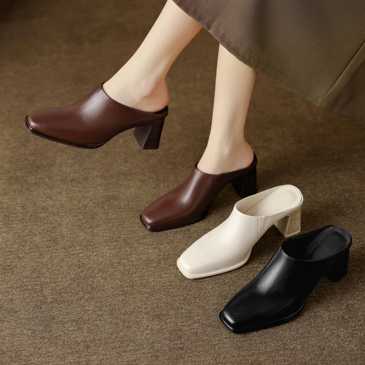 2026 new spring summer women mules natural leather plus size 22-25cm cowhide+sheepskin+pigskin square toe women sandals