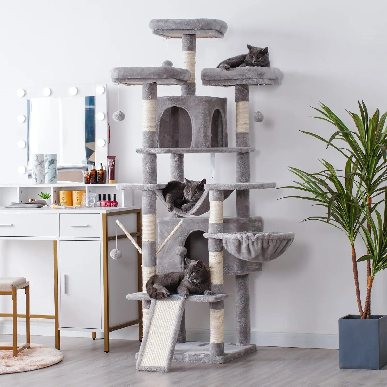 Árvore para gatos, torre grande para gatos XL de 71 polegadas para gatos internos, casinha para gatos multinível com 3 poleiros acolchoados, arranhador grande