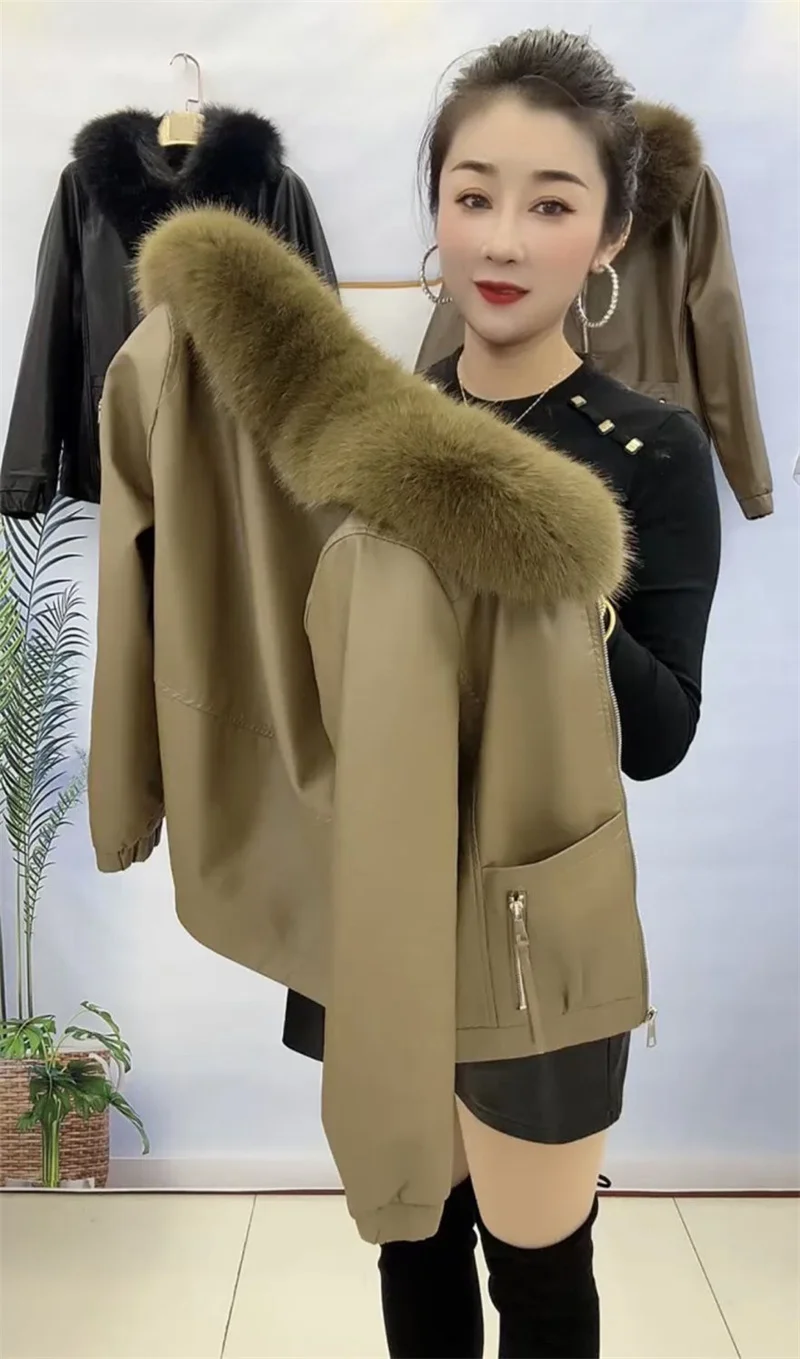 Jaqueta de couro nova jaqueta de couro feminino mais veludo acolchoado novo inverno curto moda destacável gola de pele jaqueta de couro quente