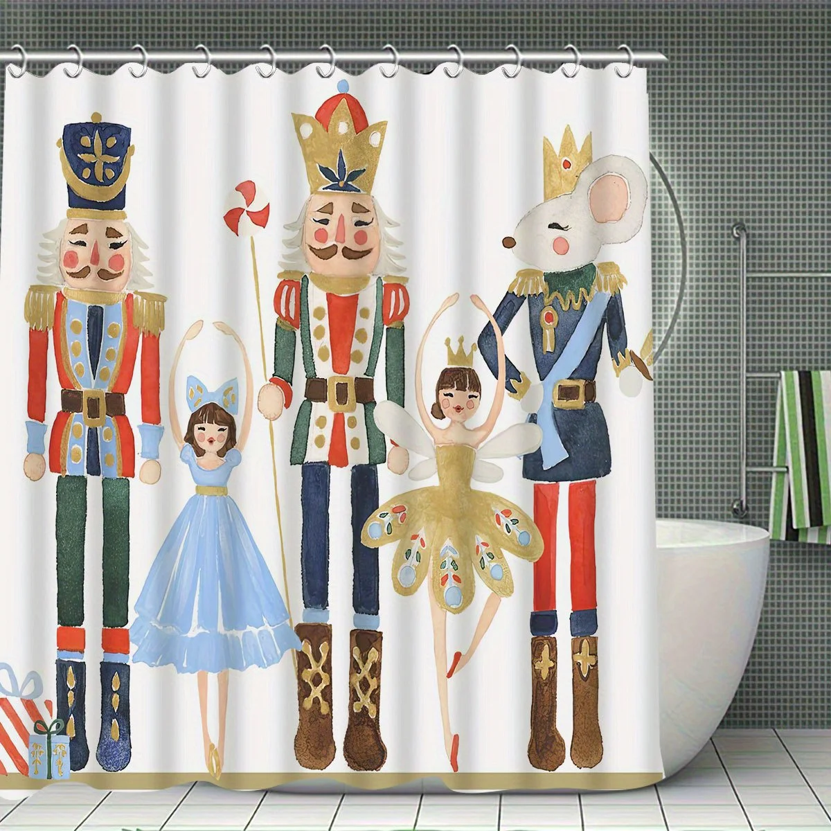 4Pcs Nutcracker Ballet Shower Curtain Set,King Soldier Mouse Character Design with Non-slip Mat & Toilet Lid Pad, Christmas Gift