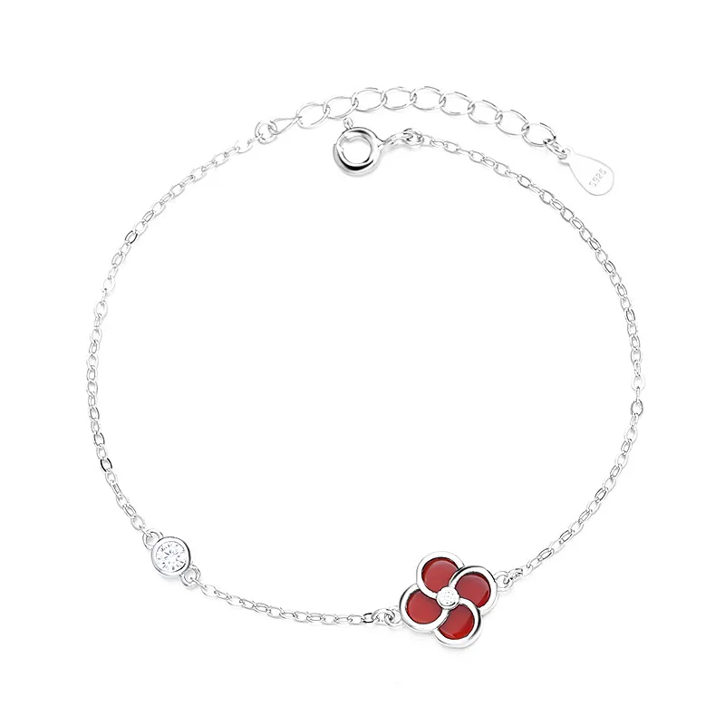 

925 Sterling Silver Four-Leaf Grass Bracelet Women Simple INS Wind Niche Design Black Red Agate White Shell High-Grade Gold Gift