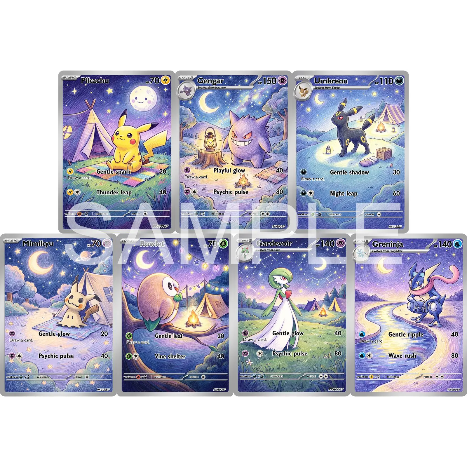 7Pcs PKM Cards PTCG Colored Pencil Storybook Style Gengar Umbreon Mimikyu Rowlet Gardevoir Greninja Art Collection Cards PTCG