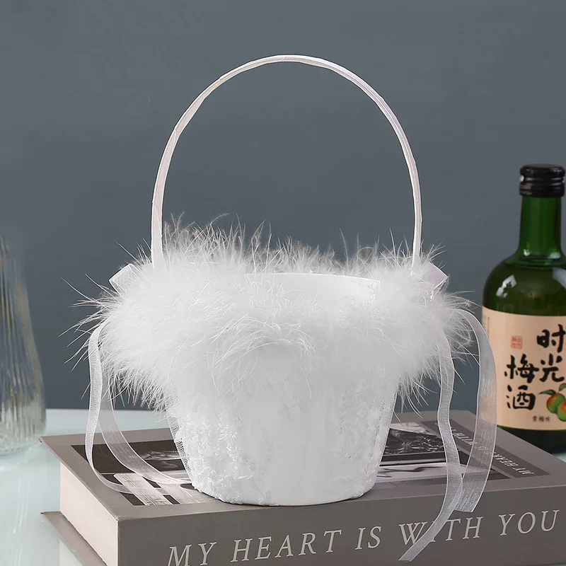 Cesta de flores de encaje de plumón occidental, cesta de flores blanca para boda al aire libre, suministros de boda de mano