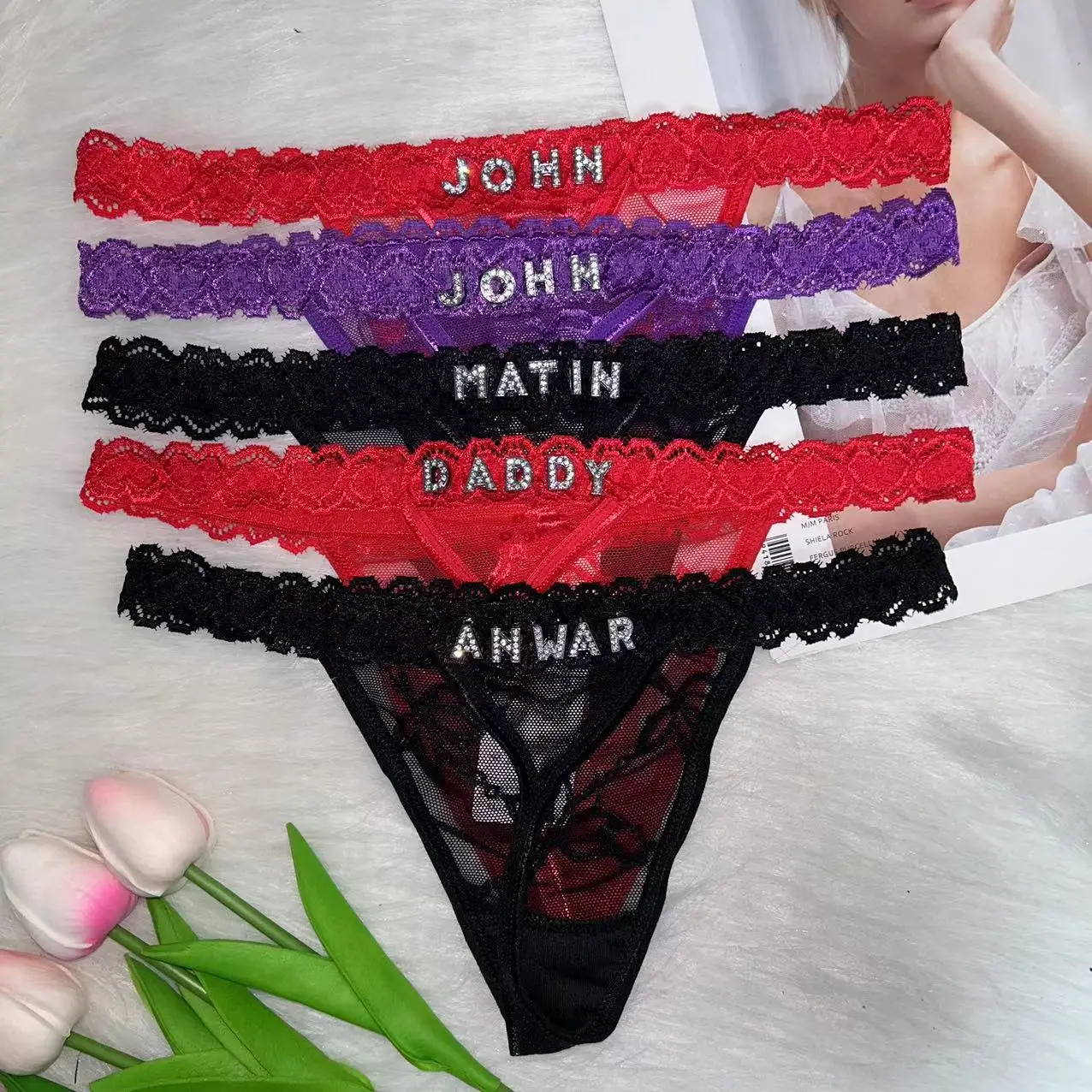 Benutzer definierte Tanga Höschen mit Namen Strass Buchstaben benutzer definierte Spitze Tangas personal isierte Tangas G-String Tanga Bikini Schmuck Geschenk