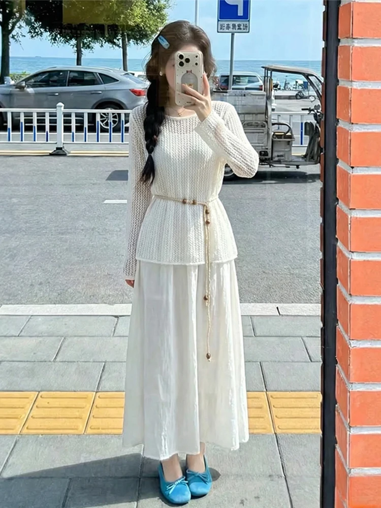 

Ele White Strapl Long Dr Spring 2026 New Arrival High-End Faion Women's Clothing Long Sve round Ne Two-Piece...