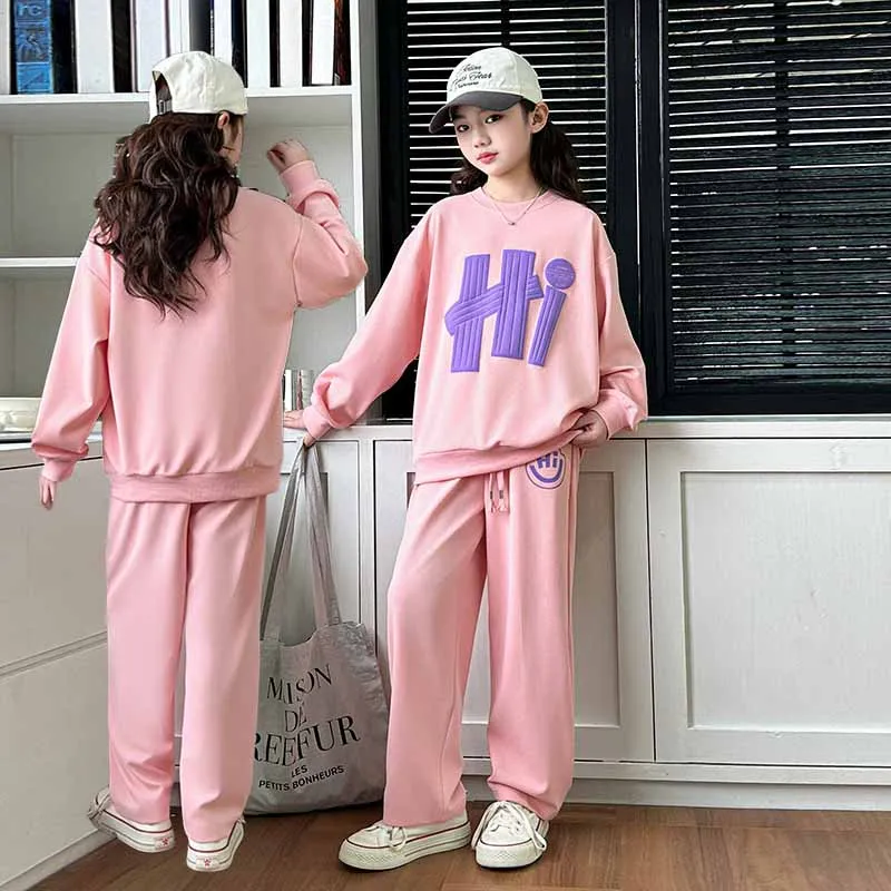 

Осенние спортивные костюмы для девочек, весенние детские пуловеры + штаны, 2 шт., спортивная повседневная одежда для подростков, костюмы, детская одежда с буквенным принтом