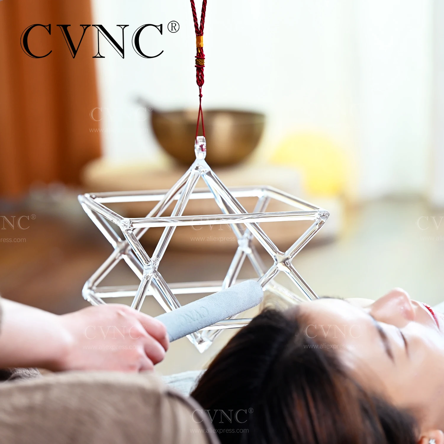 CVNC-Clear Merkaba Crystal Singing Pyramid, Chakra Instrument, Sound Healing, Relaxing Sounds, 8 Inch