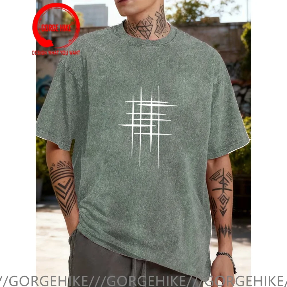 Vintage Washed Cotton T-Shirt Funny Designer Graphic Line Print  T Shirt Men Fashion Trendy Casual Clothing Stylish Tops Tees