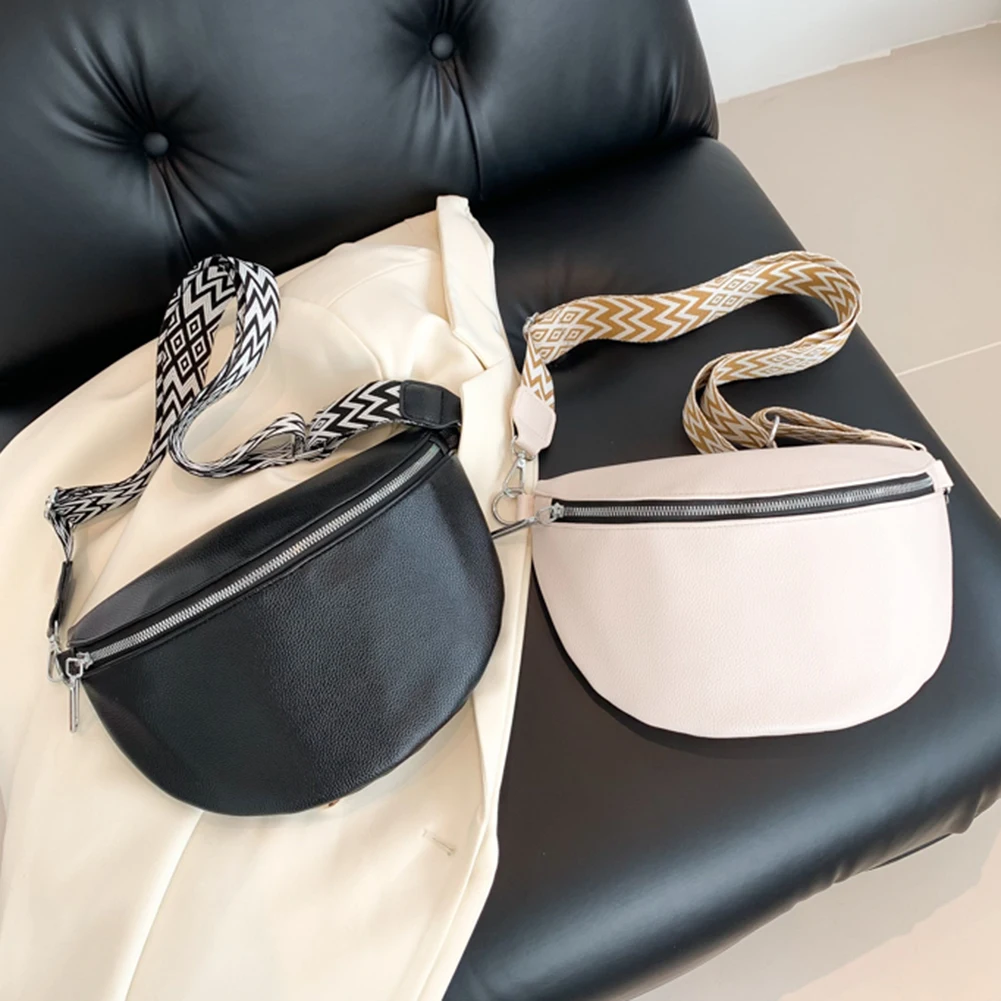 Fashion Fanny Pack Women Wide Jacquard Strap Bum Bag Leather Ladies Handbags Casual Solid Color Chest Bag Elegant Crossbody Bags