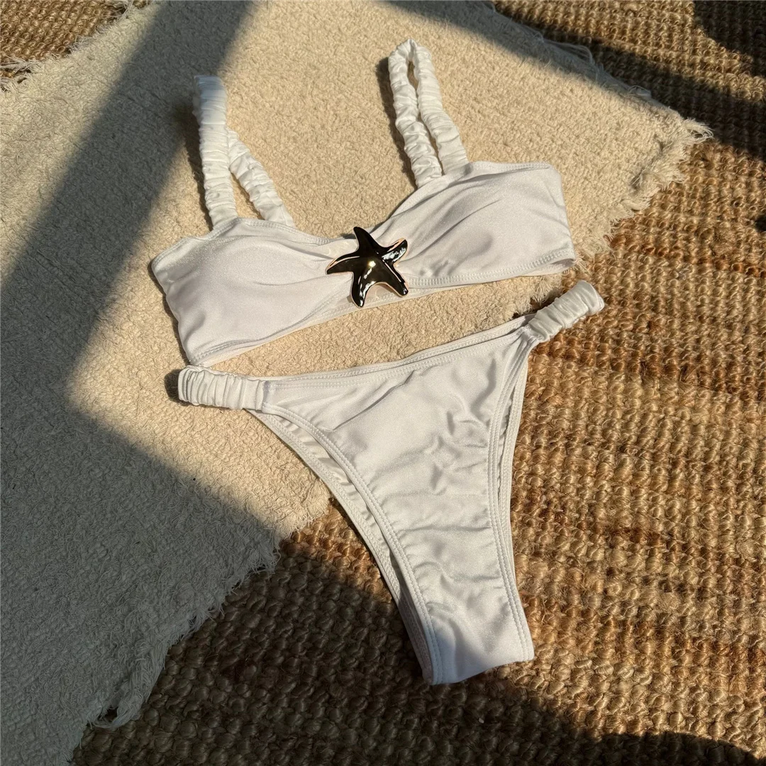 Sexy Bikini mit hohem Beinausschnitt und Metallstern, zweiteiliger Badeanzug für Damen, gepolsterter Badeanzug, Badebekleidung, Modell V7029. – Detail 16