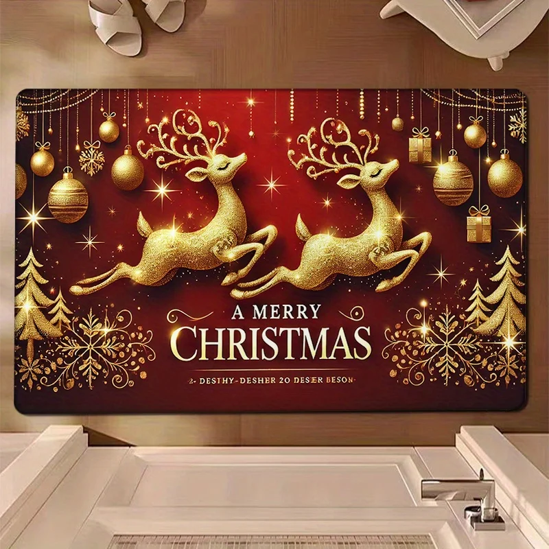 

Flannel Thickness Mat, Christmas Reindeer Print Non-Slip Mat, Festive Floor Mats for Christmas Decorations, Merry Chris