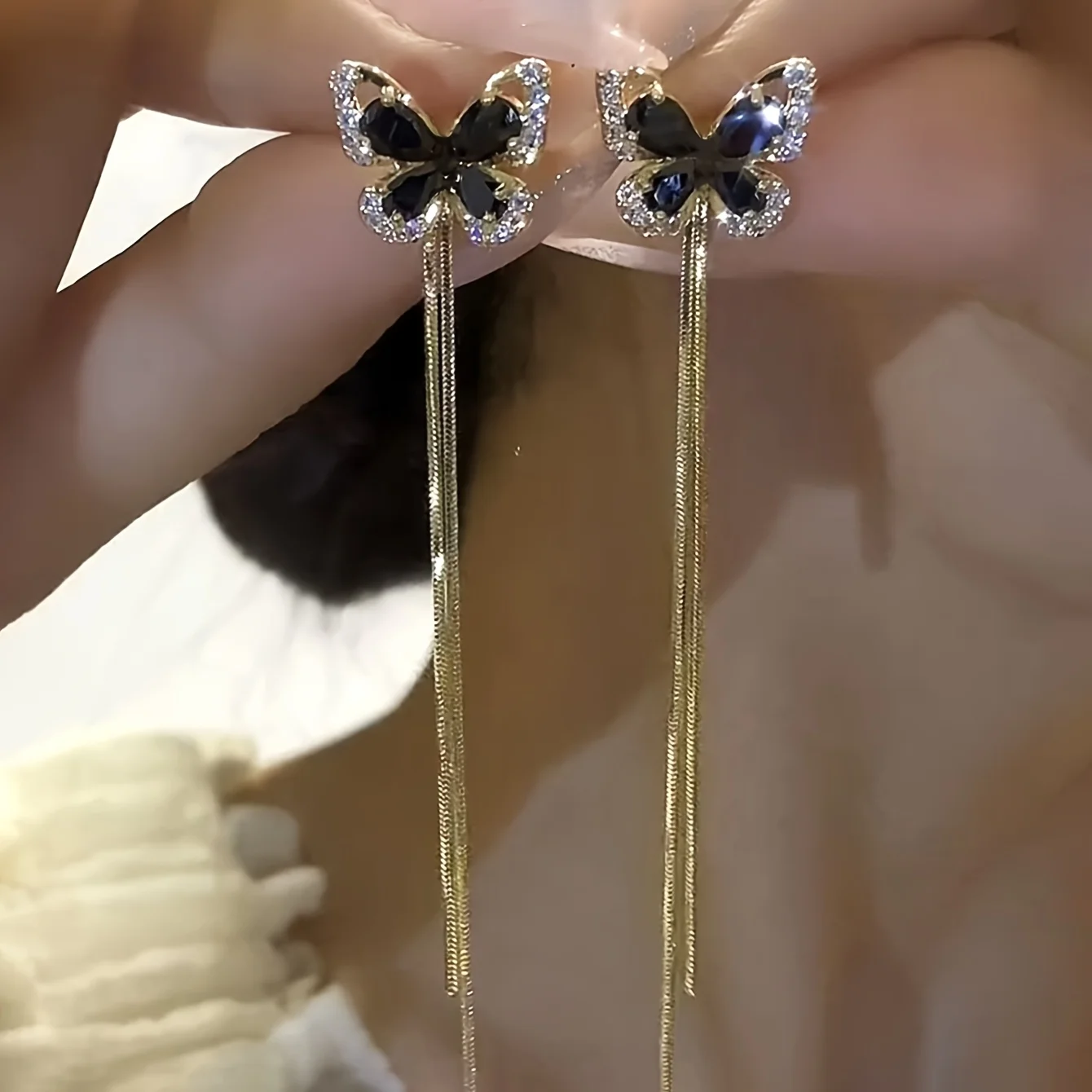 Un par de 2 piezas, pendientes largos con flecos de mariposa negros, joyería de alta calidad, pendientes que realzan el temperamento, pendientes decorativos de alta gama, adecuados para uso diario, accesorios para la temporada de bodas, regalos ideales para novias, compañeras de clase y buenos amigos.