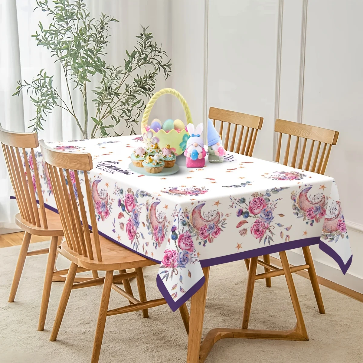 Ramadan Eid Tablecloth Islamic Star and Moon Floral Design, Polyester, Machine-Woven for Kitchen Table Home Decoration