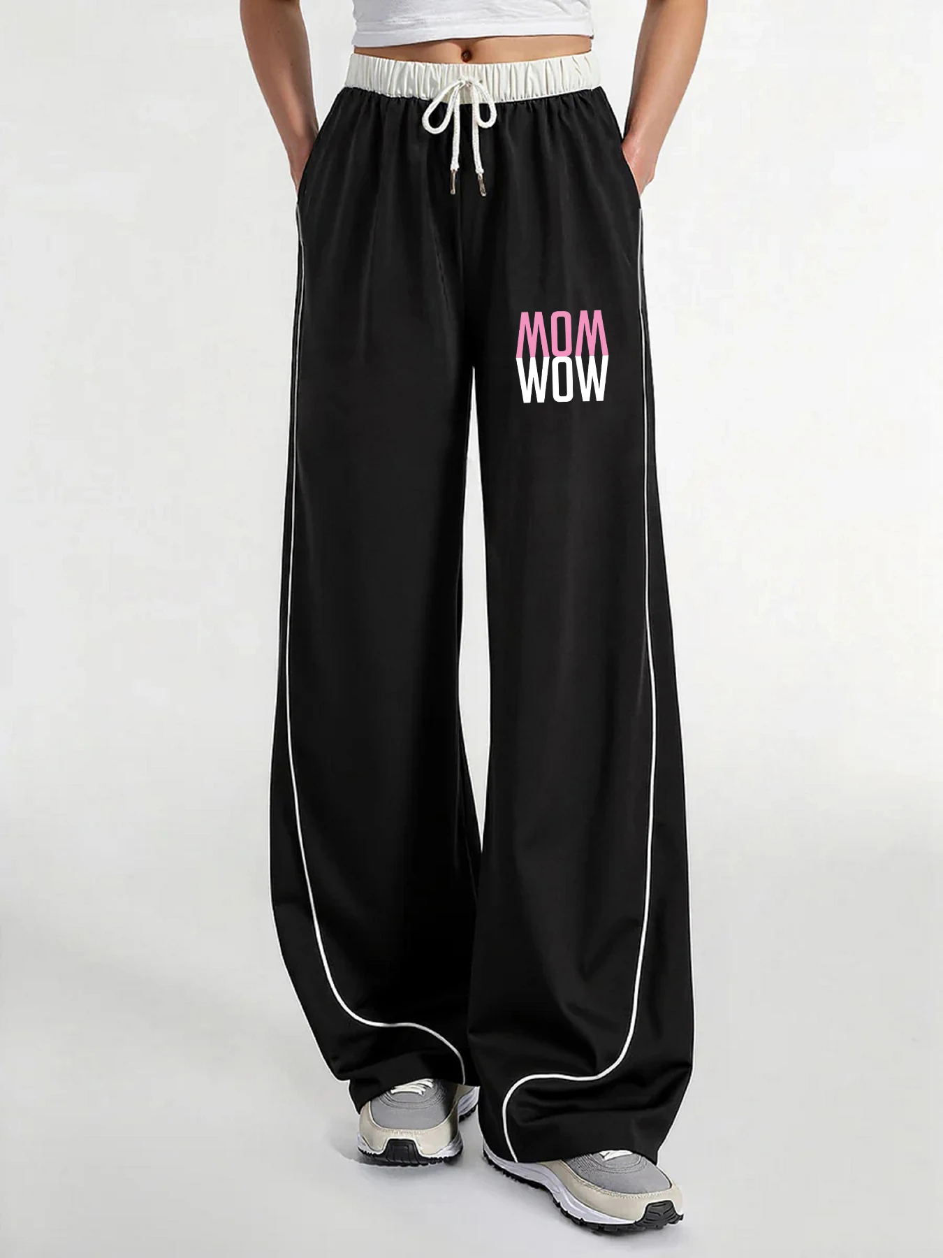 Women's Casual Pants, a Must-Have for Trendy Looks, Summer American-Style Cool Fashion, Mom Wow Letter Print, Color-Blocked Wide-Leg Casual Pants, Loose and Comfortable, Trendy and Cool, with Strong Drape Effect, Women's Casual Pants, Summer Sports and Leisure Wear, Women's Clothing