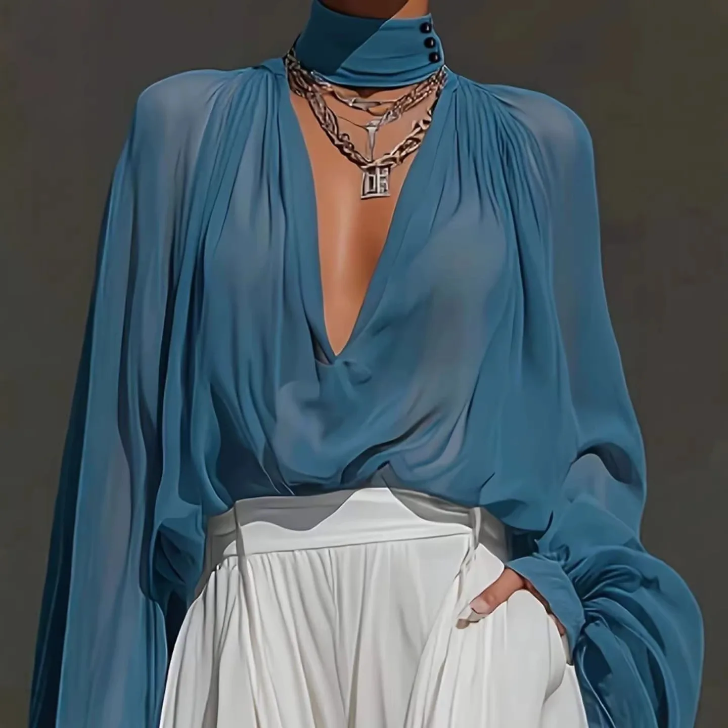 Women's Blue Sheer Chiffon Blouse High Neck Deep V-Neck Puff Long Sleeve Tie Cuff Elegant Vintage Casual Chic