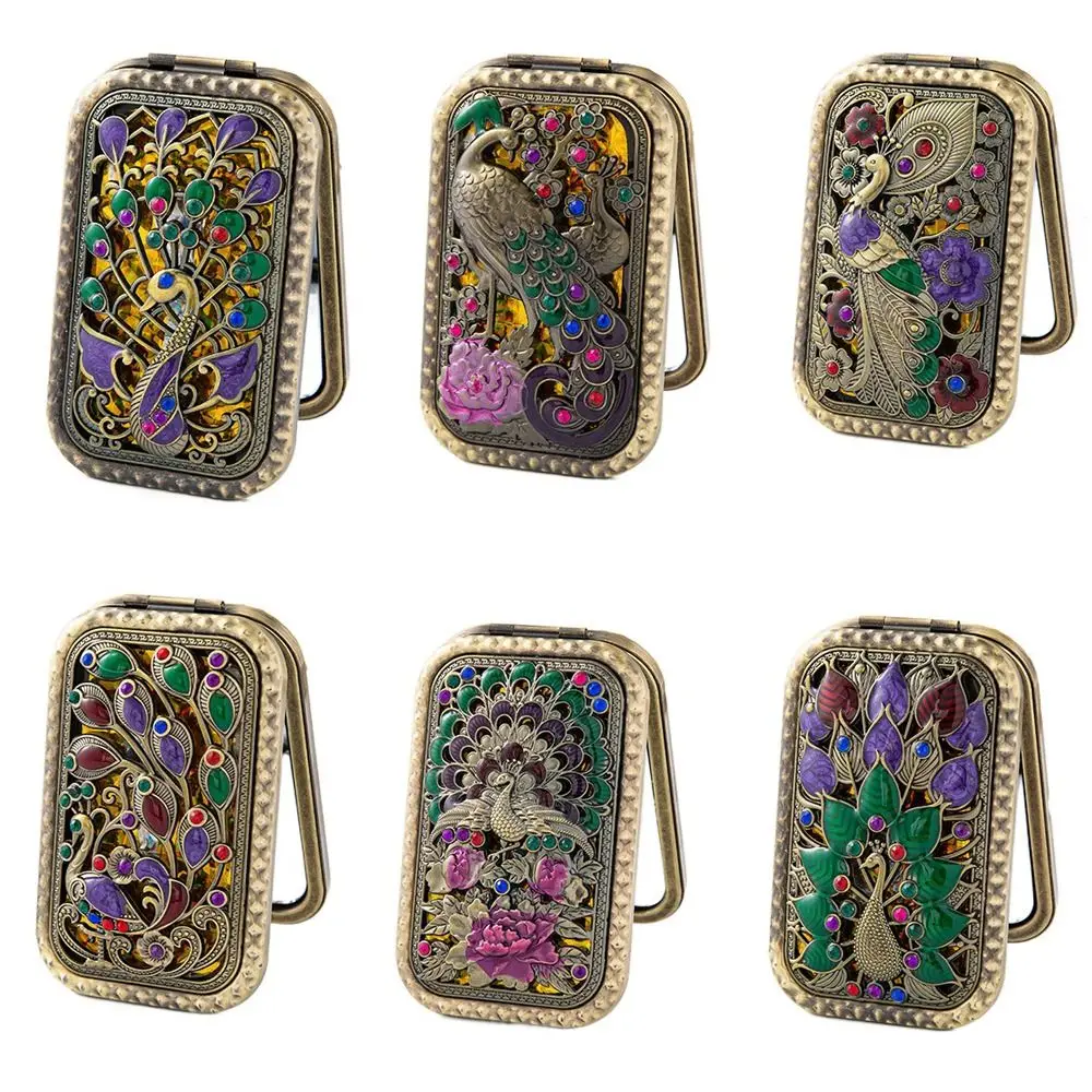 Peacock Open Screen Retro Small Mirror Vintage Rectangular Double Sided Makeup Mirrors Portable Handheld