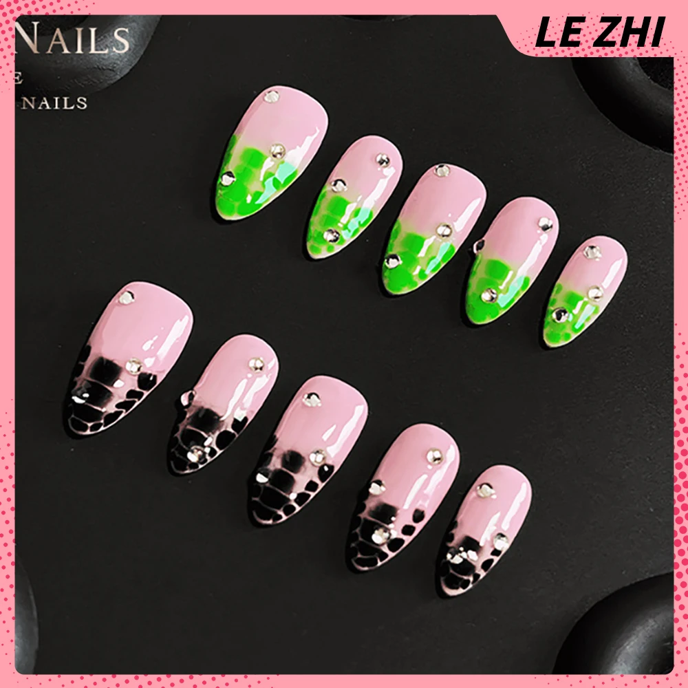 10Pcs Spice Girls Y2K Handmade French Style Almond Fake Nails Europe America Butterfly Glitter Diamond Color Full Covered Nails