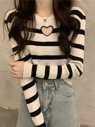 Black White Striped Heart Hollowed Out Sweater 2023 New Women's Unique Round Neck Slim Fitting Bottom Shirt Fashion Sexy Top