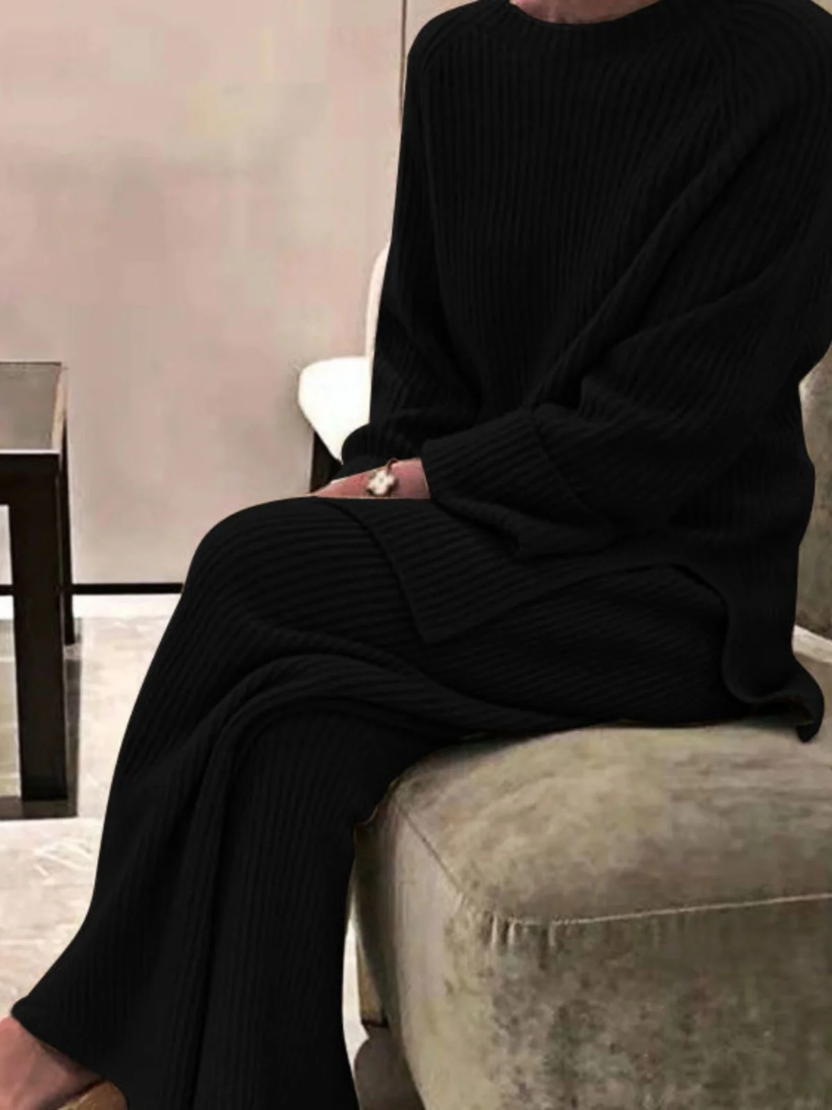 

Женский вязаный повседневный костюм Long Sve из полиэстера, круглый комплект из двух предметов, удобная дышащая летняя спортивная одежда