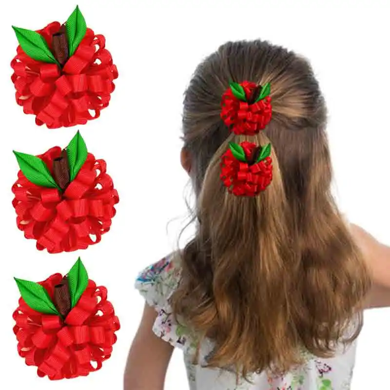 

ncmama Back To School Red apple Hairpin Cute Ribbon Flower Hair Clip for Baby Girl Handmade Barrettes Headwear Hair Accessories