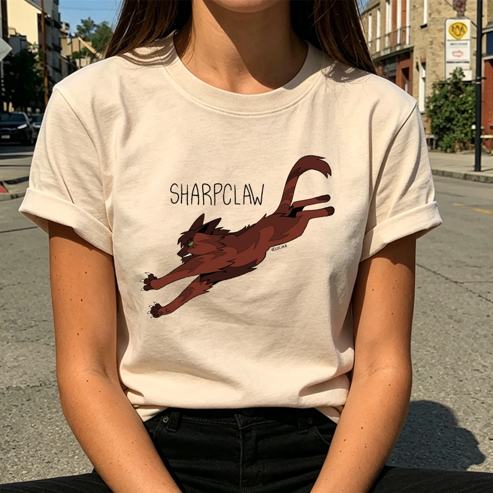 Cute The Cat Warriors Sharpclaw Print Women T-Shirt Kawaii Cartoon Warrior Cat Cotton Casual Streetwear Ladies Short Sleeve Tops