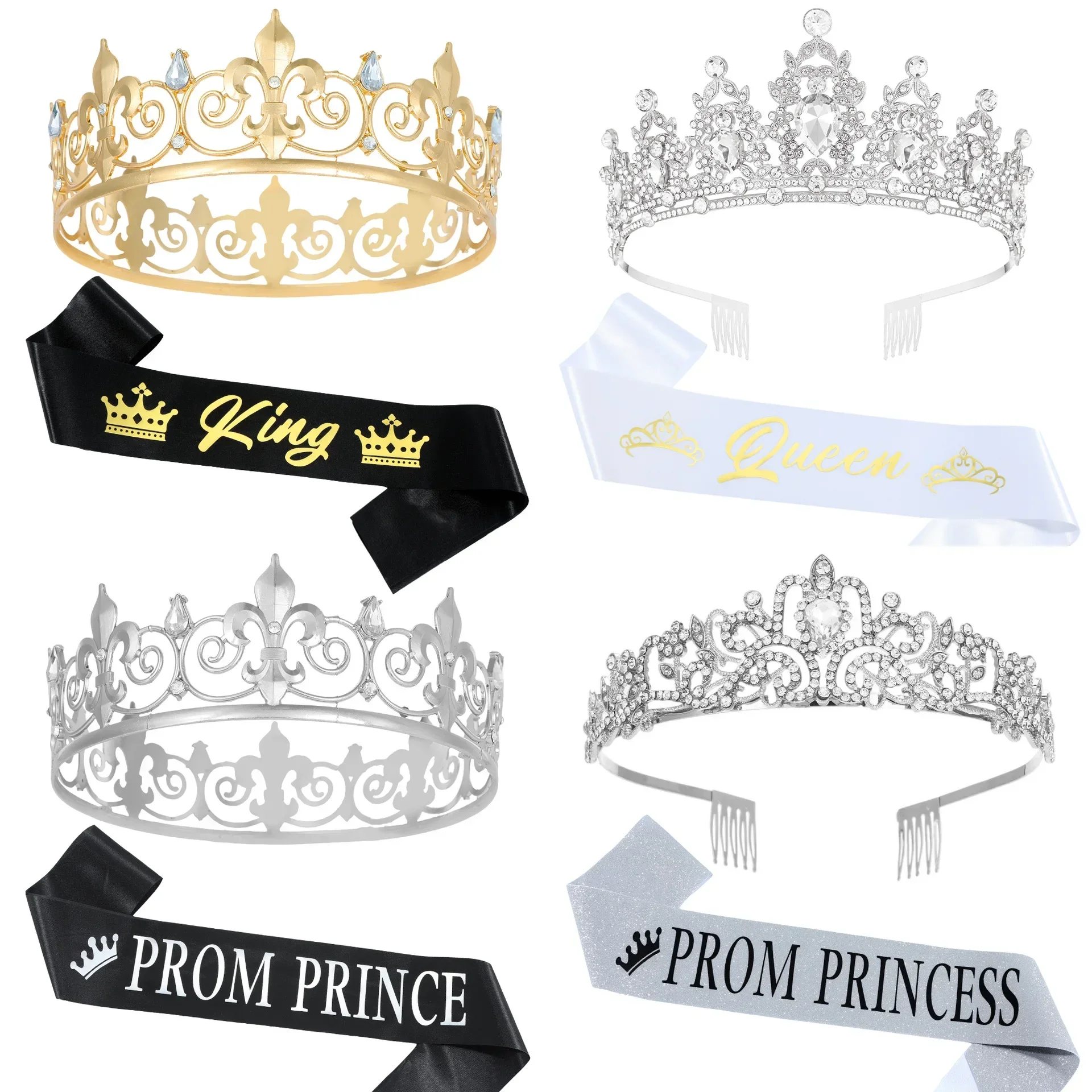 Round Crystal Crown Prom Prince Tiara Ribbon Women Accessories King Queen Party Decoration Girls Headbands Hair Woman Hoop Bands