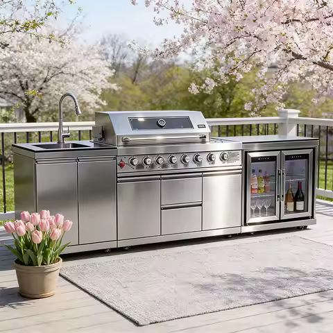 Easy To Clean Backyard Patio Stainless Steel Outdoor Kitchen &nbsp;With Grill Cooktop Sink Fridge &nbsp;With Grill Cooktop Sink Fridge LED