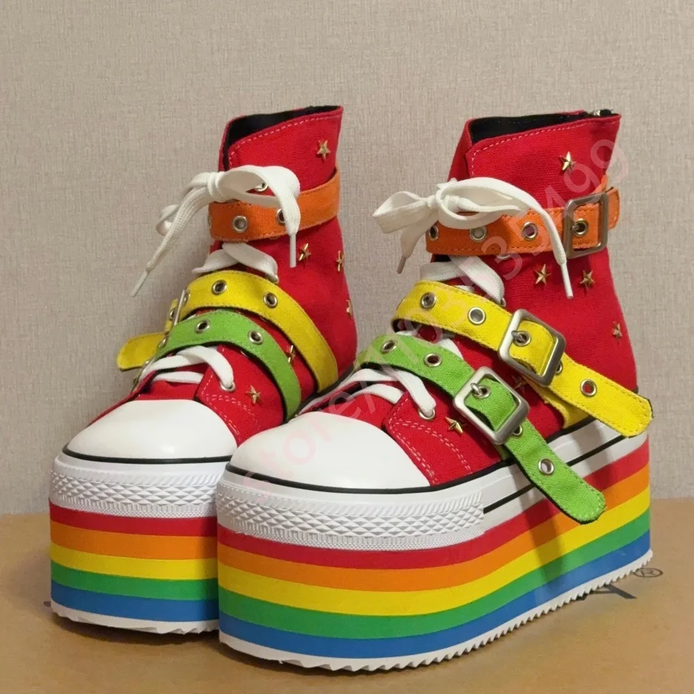 Rainbow Platform Buckle Belt Canvas Boots 2025 New Round Street Style Party Casual Short Boot Fashion Women's Lace-Up Stage Boot