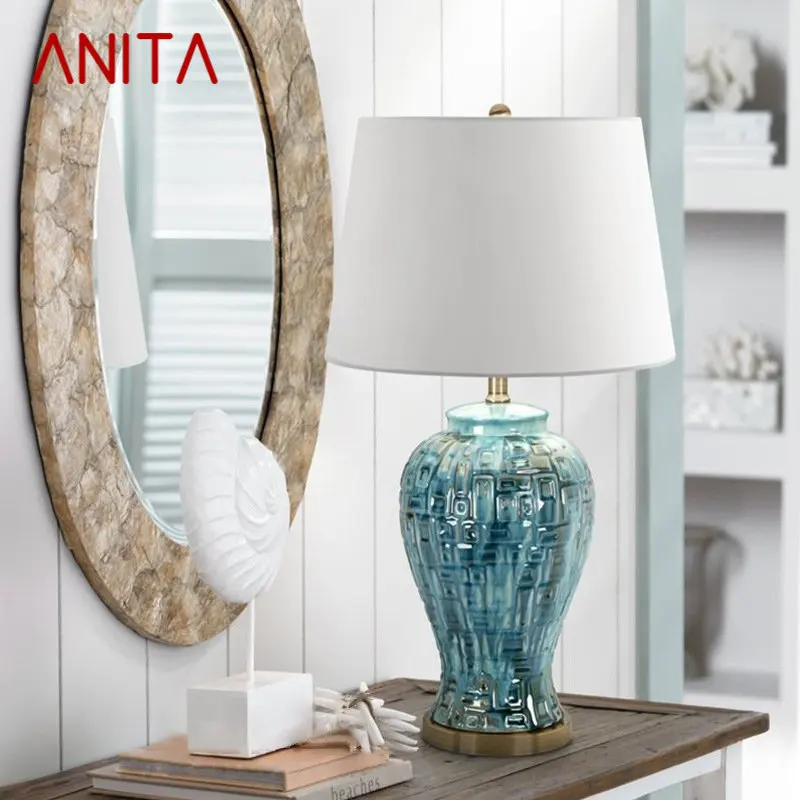 

ANITA Contemporary Ceramic Table Lamp LED Creative American Style Blue Desk Light for Decor Home Living Room Bedroom