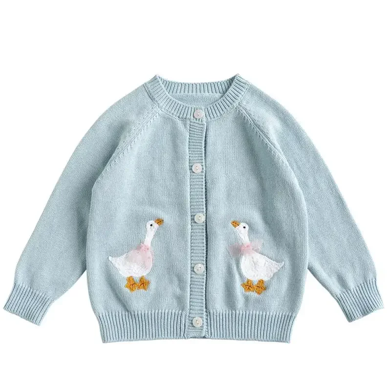 2024 Knitwear Knit Top Clothes for Children Knitted Cardigan for Girls Kids Goose Embroidery Knitting Sweater Infant Autumn