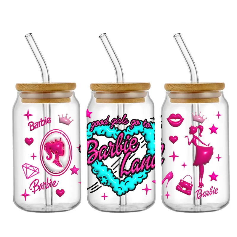 Kartun 16OZ Barbie gadis UV DTF cangkir membungkus stiker Transfer untuk Kaca Libbey dapat botol Selfadhesive dapat dicuci DIY sesuai pesanan