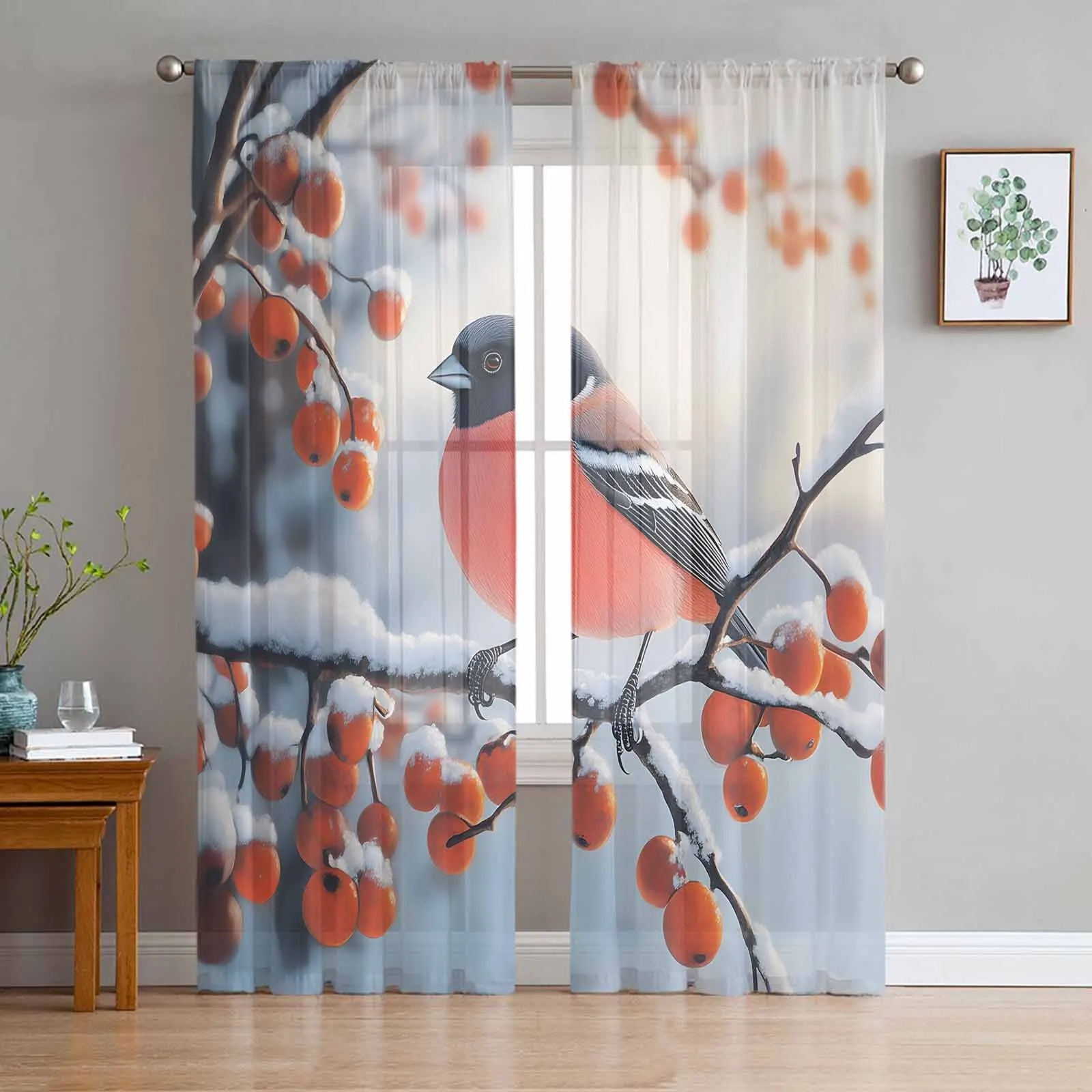 Winter Bird Red Fruit Snow  The Sea Sheer Curtains for Living Room Bedroom Home Hotel Coffee Decor Chiffon Tulle Curtains